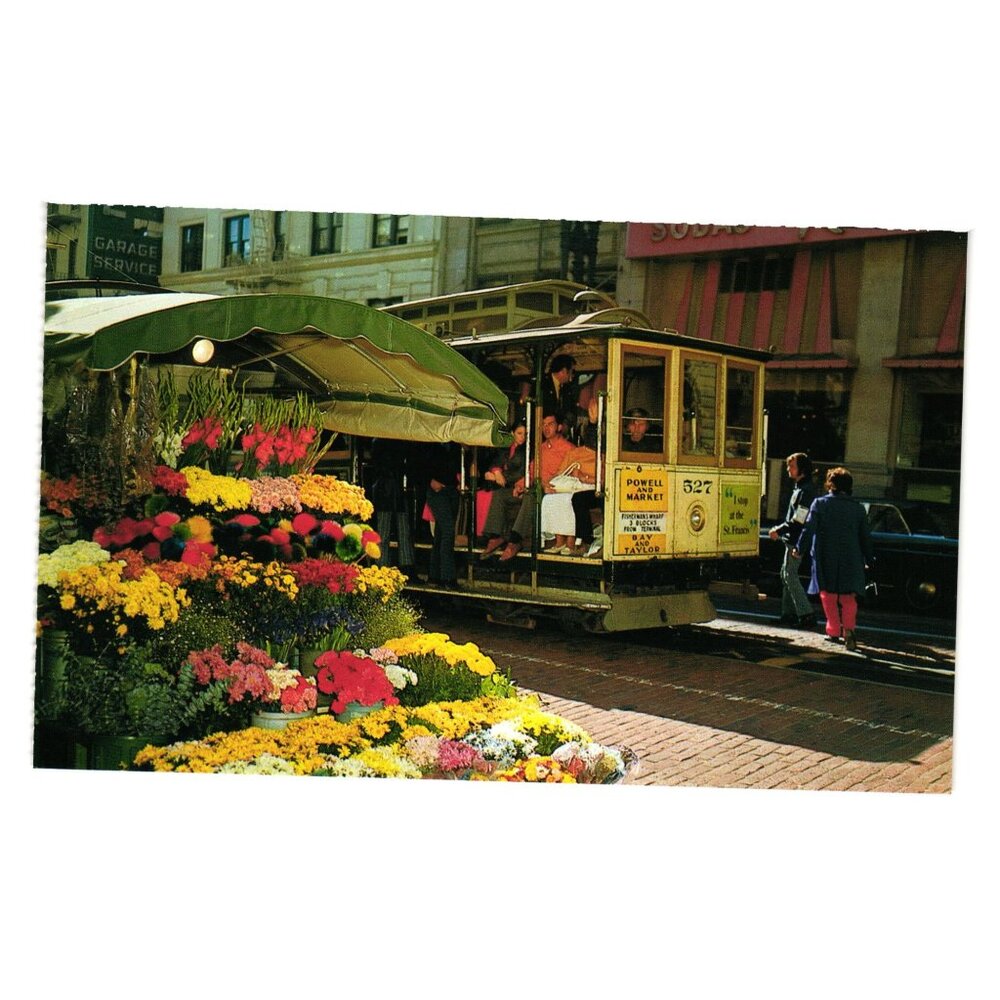 Colorful Flower Stand Powell Street San Francisco Cable Car Postcard Vintage